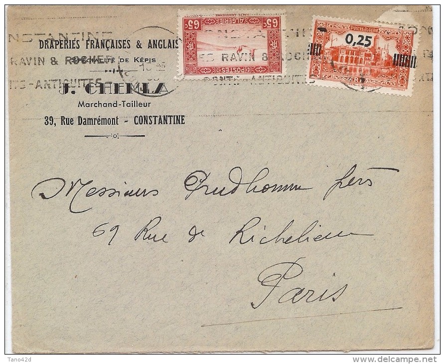 LBR36- ALGERIE LETTRE J. CHEMLA CONSTANTINE / PARIS MARS?/1939 TP SURCHARGE 12 BARRES AU LIEU DE 13 - Briefe U. Dokumente