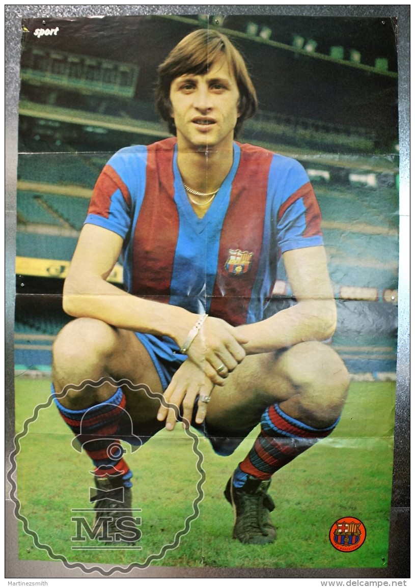 Vintage F.C. Barcelona Player Johan Cruyff Poster & Biography - 100 X 65 Cm. - Andere & Zonder Classificatie