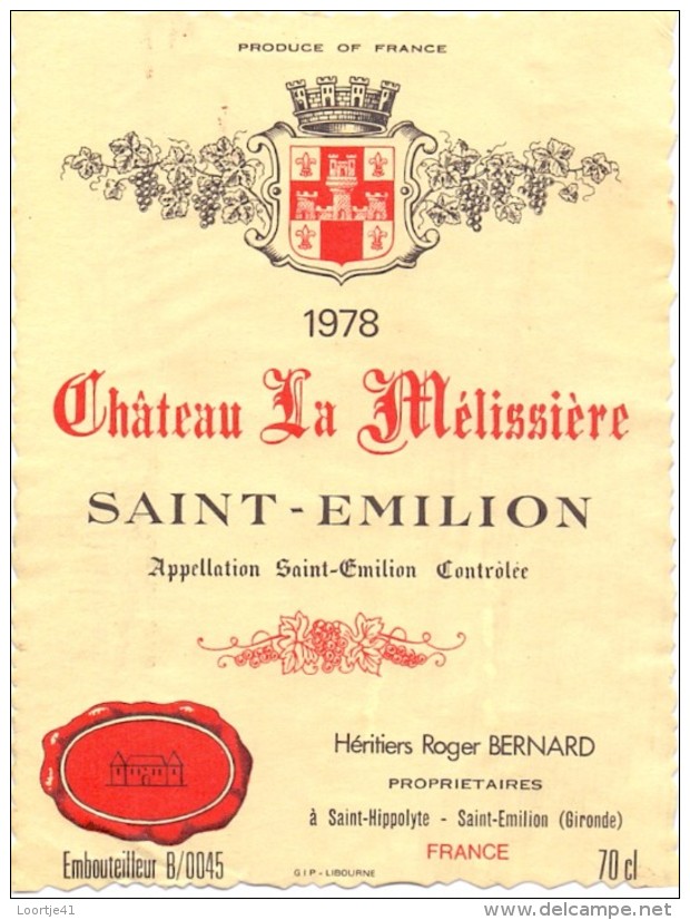 Etiket Etiquette Wijn Vins - Chateau La Mélissière - Saint Emilion 1978 - Other & Unclassified