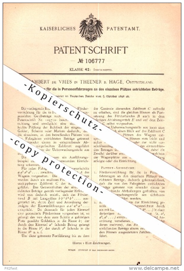 Original Patent - Lambert De Vries In Theener B. Hage , 1898 , Geldeinzahler Für Automobile , Busse , Taxi , Bus !!! - Aurich