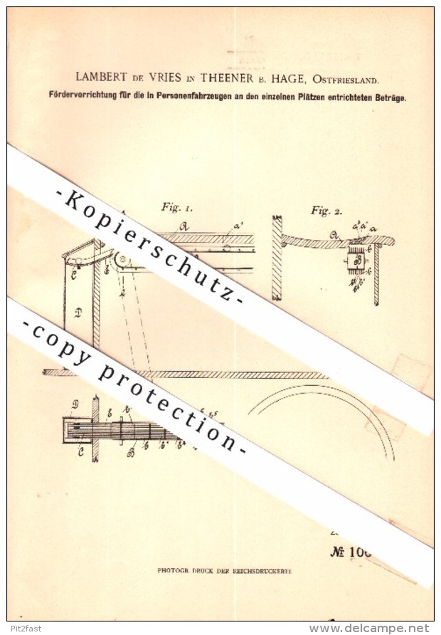 Original Patent - Lambert De Vries In Theener B. Hage , 1898 , Geldeinzahler Für Automobile , Busse , Taxi , Bus !!! - Aurich