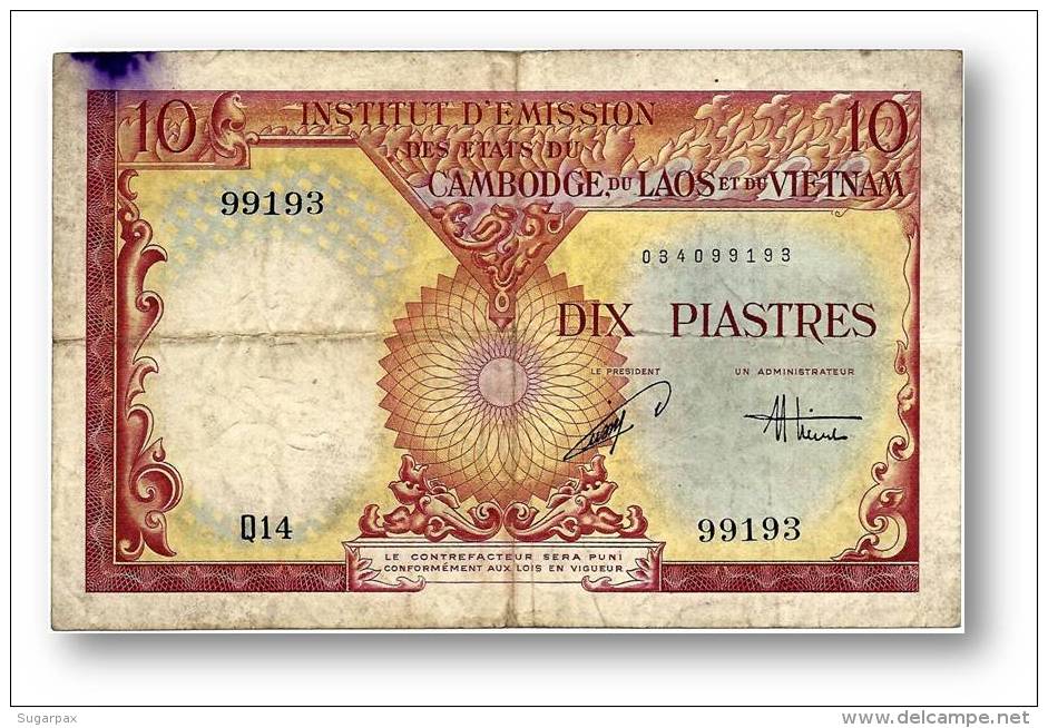 CAMBODGE, LAOS Et VIETNAM - 10 PIASTRES - Sign. 21 ( 1953 ) - P 107 - FRENCH INDO-CHINA - INDOCHINE - 2 Scans - Indochine