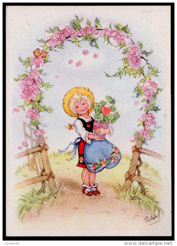 6249 - Alte Glückwunschkarte - Künstlerkarte - Geburtstag Mädchen Blumen - Charlotte Baron - RAA - TOP - Bunkowsky - Einschulung
