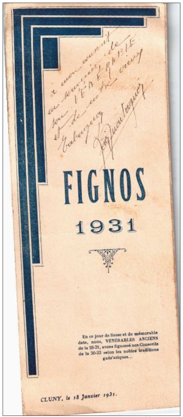 Programme En 3 Volets Du 18/01/1931 FIGNOS 1931 Cluny 71- Nombreux Autographes - Programmes