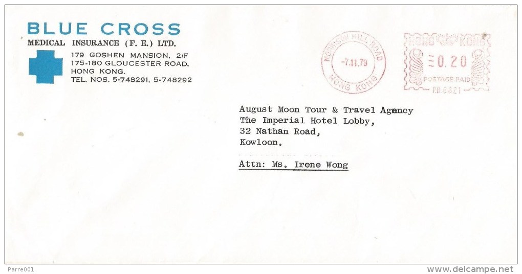 Hong Kong 1979 Morrison Hill Road Blue Cross Pitney Bowes-GB "6300" PB 6821 33 Mm Wide Meter Franking Domestic Cover - Briefe U. Dokumente