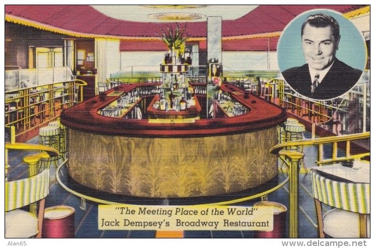 New York City, Jack Dempsey Broadway Restaurant Interior View Of Bar, C1940s Vintage Linen Postcard - Cafés, Hôtels & Restaurants