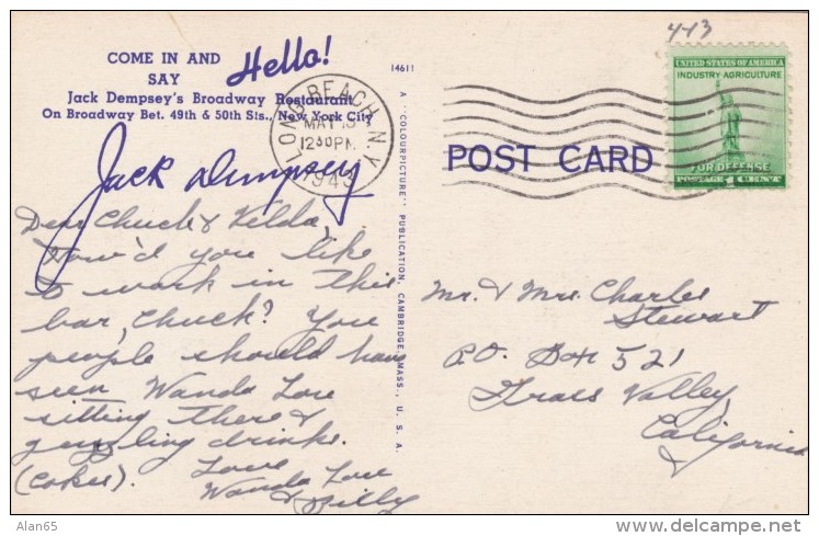 New York City, Jack Dempsey Broadway Restaurant Interior View Of Bar, C1940s Vintage Linen Postcard - Bares, Hoteles Y Restaurantes