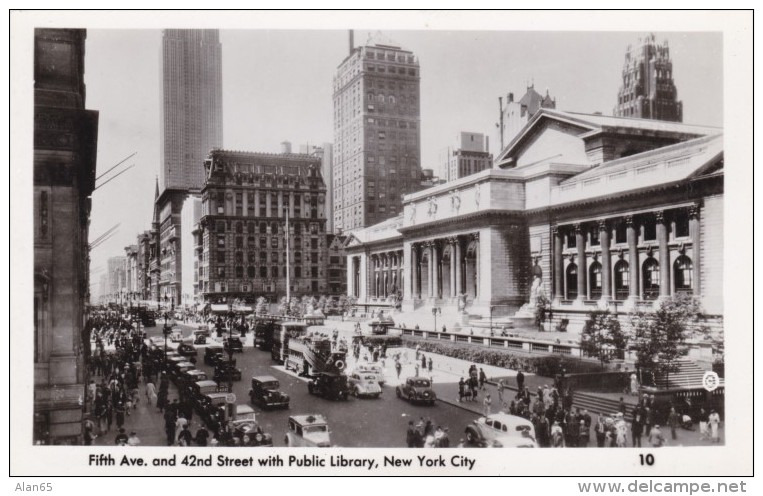 New York City, Public Library, Artchitecture, Fifth Ave &amp; 42nd Street Scene C1930s Vintage Real Photo Postcard - Autres Monuments, édifices