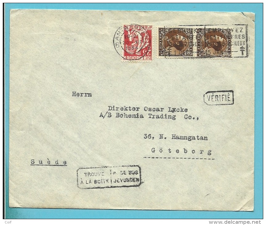 339+402 Met Stempel ANTWERPEN Naar Goteborg (Suede) Met Stempel TROUVE A LA BOITE + VERFIFIE (nederlands Geschrapt) ! - 1934-1935 Leopold III