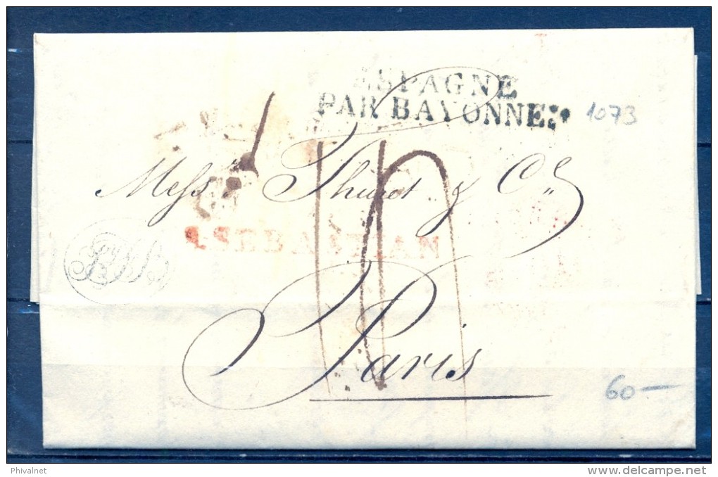 PREFILATELIA , 1826 , GUIPÚZCOA , SAN SEBASTIAN  - PARIS , MARCA " ESPAGNE / PAR BAYONNE " , LLEGADA - ...-1850 Prephilately