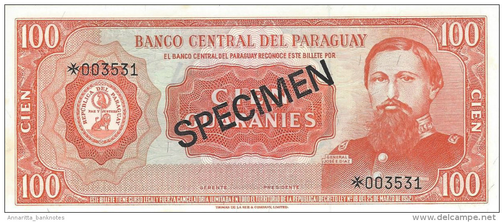 PARAGUAY 100 GUARANIES 1952 (1963) P-199 UNC SPECIMEN * 006531 [ PY815cs ] - Paraguay