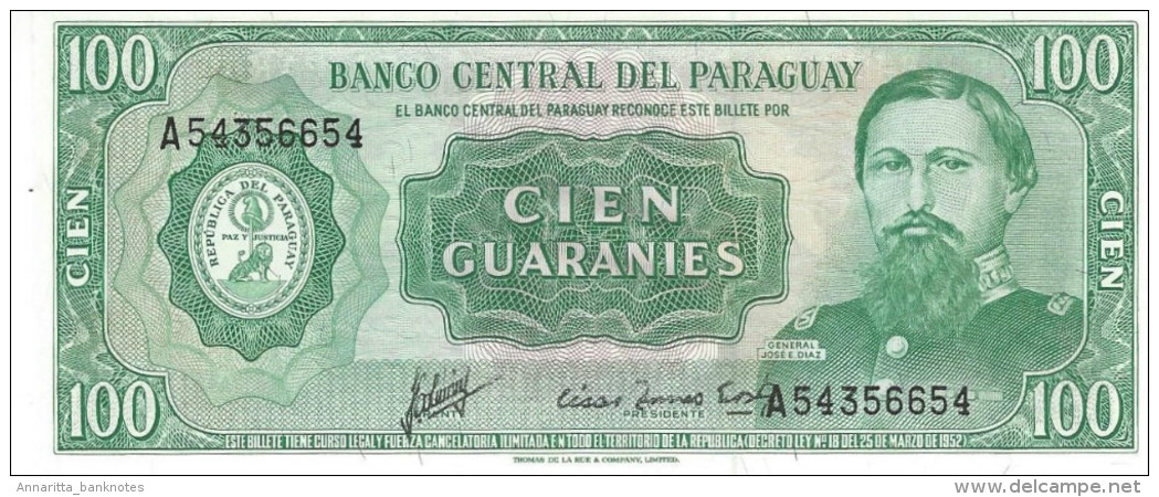 PARAGUAY 100 GUARANIES 1952 (1982) P-205 UNC PICK PLATE SER: A54356654 [ PY820a ] - Paraguay