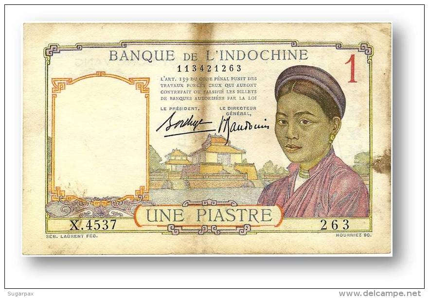 FRENCH INDO-CHINA - 1 PIASTRE - P 54.b - Sign. 9 ( 1936 ) Type I ( Old LAO Text ) Serie X.4537 Banque De L´ Indochine - Indocina