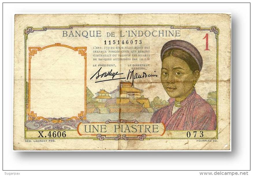 FRENCH INDO-CHINA - 1 PIASTRE - P 54.b - Sign. 9 ( 1936 ) Type I ( Old LAO Text ) Serie X.4606 Banque De L´ Indochine - Indochine