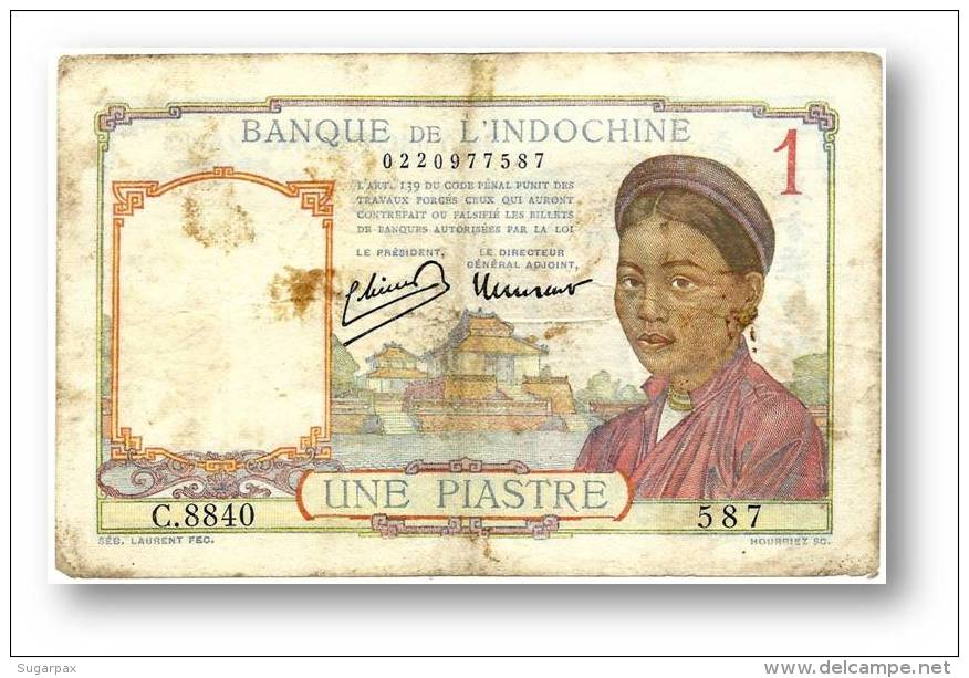 FRENCH INDO-CHINA - 1 PIASTRE - P 54.c - Sign. 11 ( 1946 ) Type I ( Old LAO Text ) Serie C.8840 Banque De L´ Indochine - Indochina