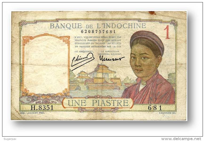FRENCH INDO-CHINA - 1 PIASTRE - P 54.c - Sign. 11 ( 1946 ) Type I ( Old LAO Text ) Serie H.8351 Banque De L´ Indochine - Indocina