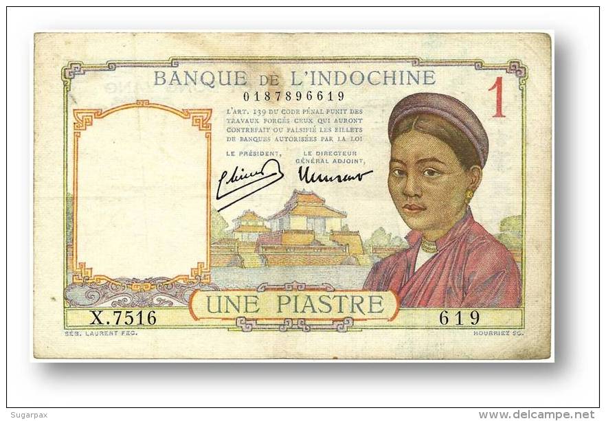 FRENCH INDO-CHINA - 1 PIASTRE - P 54.c - Sign. 11 ( 1946 ) Type I ( Old LAO Text ) Serie X.7516 Banque De L´ Indochine - Indochina