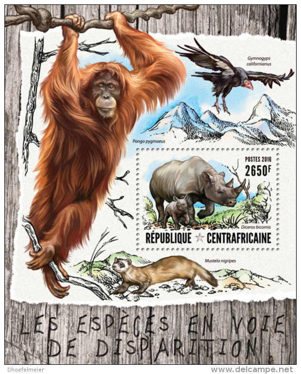 CENTRALAFRICA 2016 ** Endangered Species Monkey Affen Singes S/S - OFFICIAL ISSUE - A1634 - Monkeys