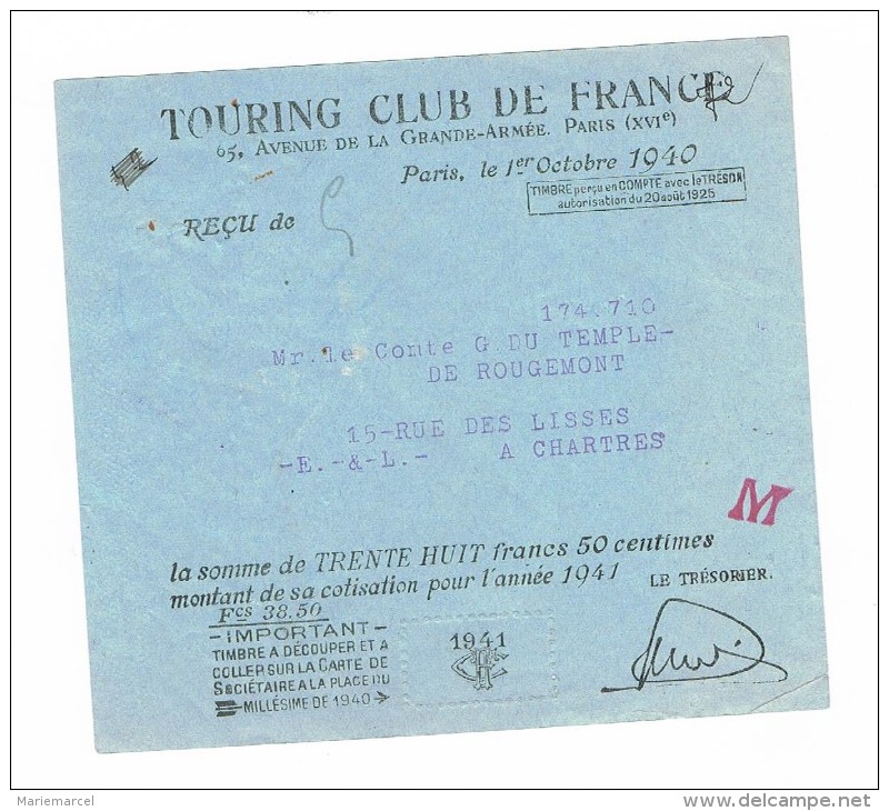 Reçu Du TOURING CLUB DE FRANCE Pour Mr Le Comte G.DU TEMPLE DE ROUGEMONT.28 CHARTRES.1940. - Unclassified