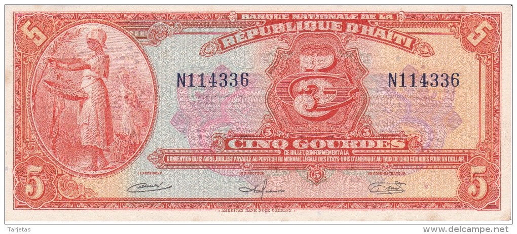 BILLETE DE HAITI DE 5 GOURDES DEL AÑO 1919   (BANK NOTE) SIN CIRCULAR-UNCIRCULATED (MANCHAS) - Haiti