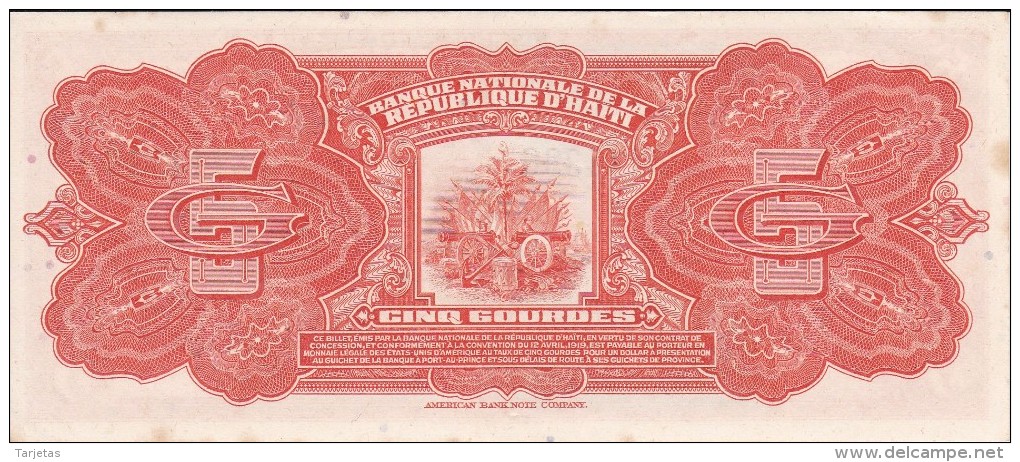 BILLETE DE HAITI DE 5 GOURDES DEL AÑO 1919   (BANK NOTE) SIN CIRCULAR-UNCIRCULATED (MANCHAS) - Haiti