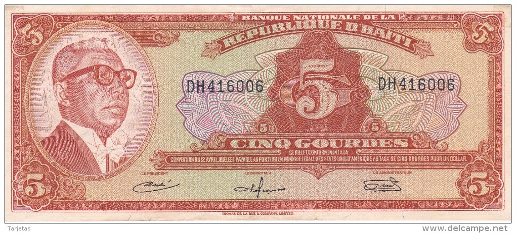 BILLETE DE HAITI DE 5 GOURDES DEL AÑO 1919 CALIDAD EBC (XF)  (BANK NOTE) - Haiti