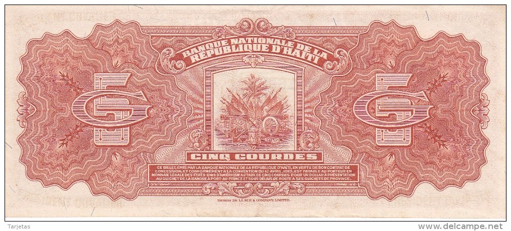 BILLETE DE HAITI DE 5 GOURDES DEL AÑO 1919 CALIDAD EBC (XF)  (BANK NOTE) - Haiti