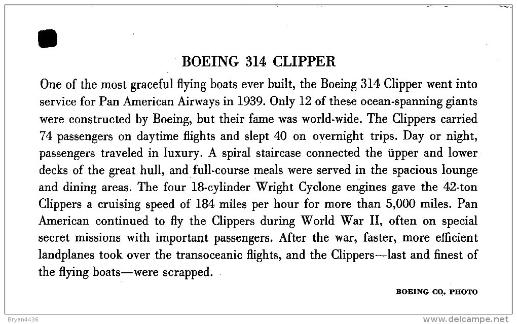 AVION - BOEING 314 CLIPPER- HYDRAVION GEANT - FLYING BOAT- CARTE COLLECTION AMERICAINE - RARE EDITION - FORMAT CPA - TB. - 1939-1945: 2nd War