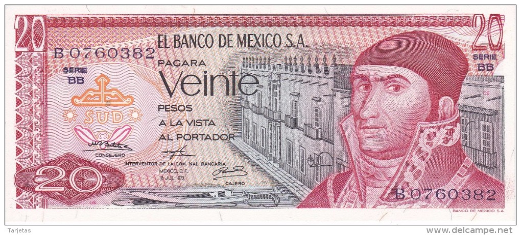 BILLETE DE MEXICO DE 20 PESOS  DEL AÑO 1973  (BANKNOTE) SIN CIRCULAR-UNCIRCULATED - México