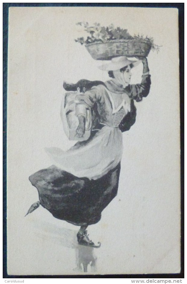 Cpa Litho ESSAI  ART ILLUSTRATEUR ORAZI ? FEMME FILLE ELEGANTE PATINS A GLACE PORTANT PANIER SUR TETE - Avant 1900