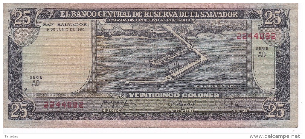 BILLETE DE EL SALVADOR DE 25 COLONES DEL AÑO 1980 DE CRISTOBAL COLON   (BANKNOTE) - El Salvador