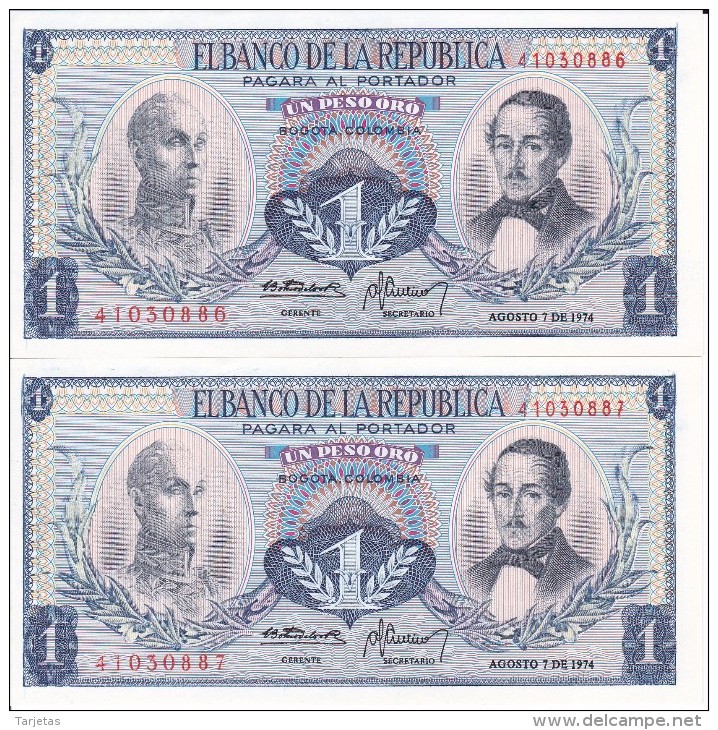 PAREJA CORRELATIVA DE COLOMBIA DE 1 PESO DE ORO DEL AÑO 1974  (BANK NOTE) SIN CIRCULAR-UNCIRCULATED - Colombia