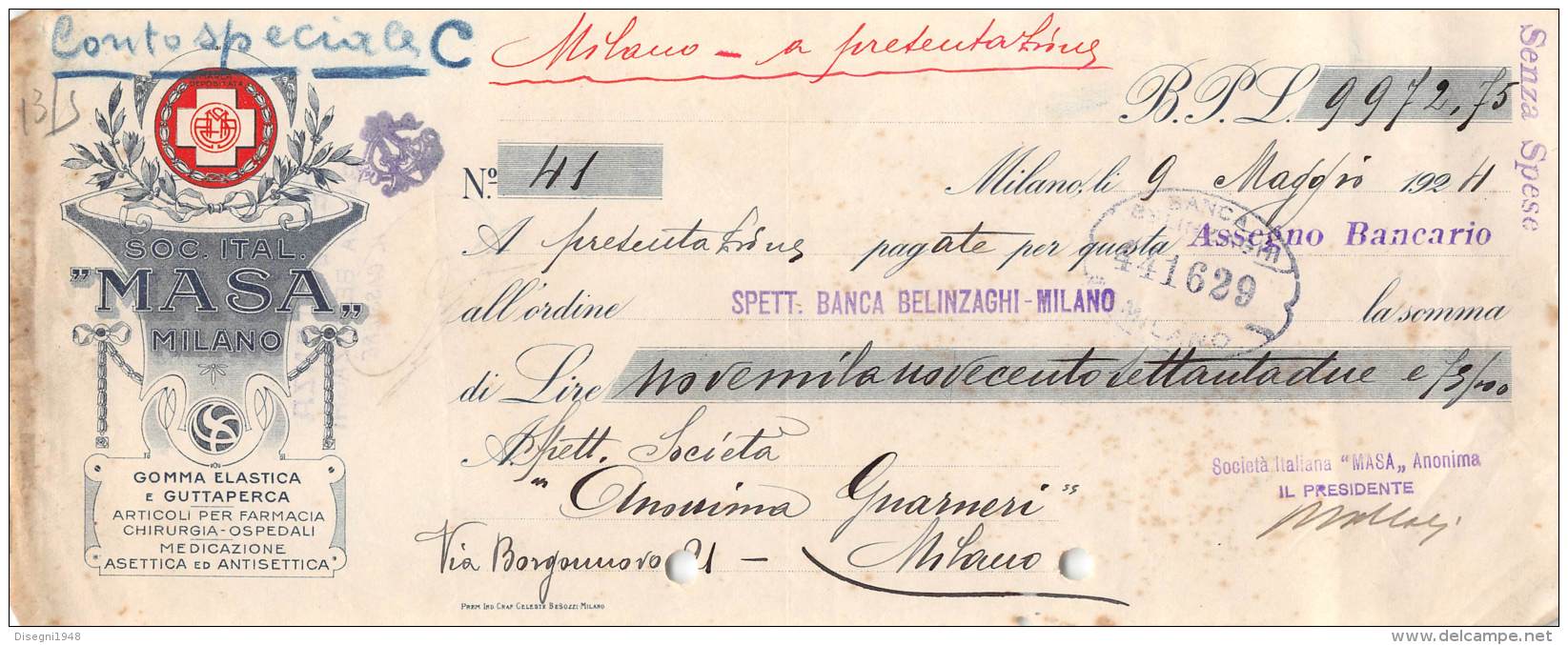 06250  "SOCIETA' ITALIANA MASA - MILANO - ASSEGNO BANCARIO - 1924" ORIGINALE - Cheques & Traveler's Cheques