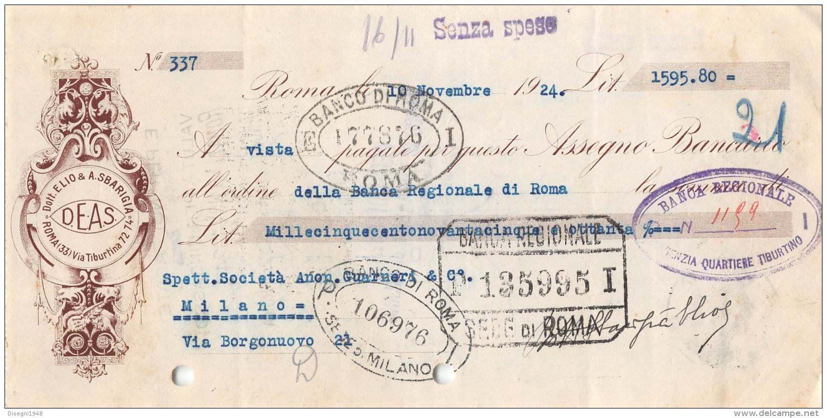 06252  "DOTT. ELIO &amp; A. SBARIGIA - D.E.A.S. - ROMA - ASSEGNO BANCARIO - 1924" ORIGINALE - Assegni & Assegni Di Viaggio