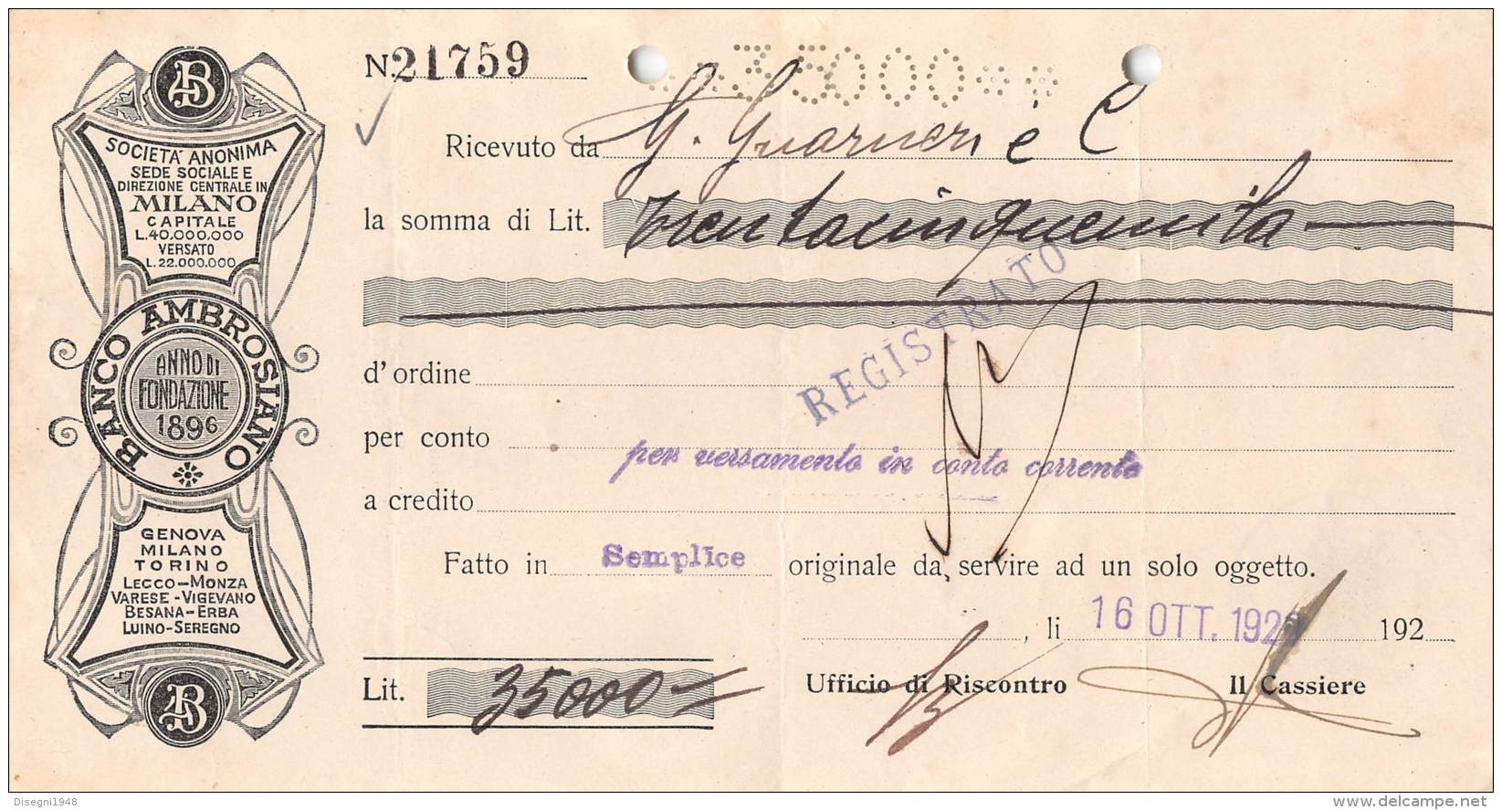06254  "BANCO AMBROSIANO - RICEVUTA DI VERSAMENTO IN CONTO CORRENTE - 1926" ORIGINALE - Italia