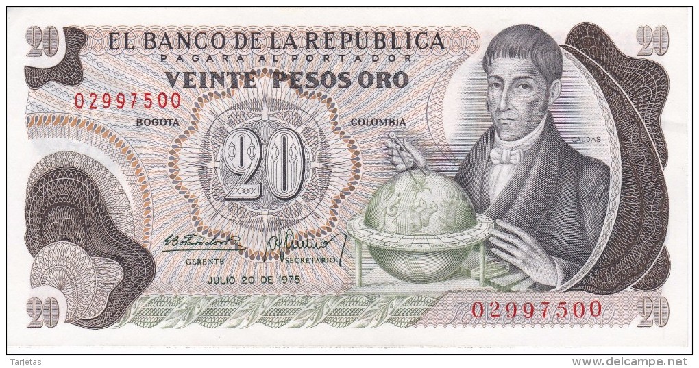 BILLETE DE COLOMBIA DE 20 PESOS DE ORO DEL AÑO 1975  (BANK NOTE) - Colombia