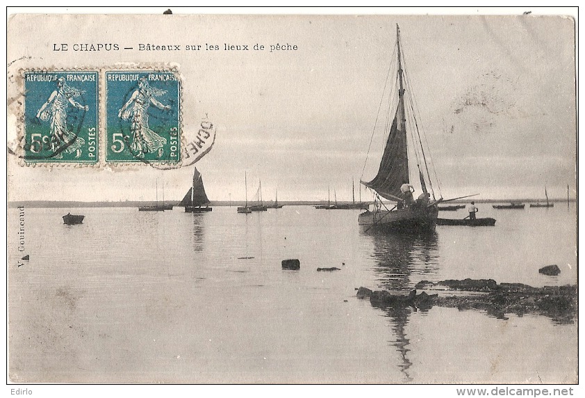 CURIOSITE - Semeuse 5 Cts  Vert Et Turquoise -varieté  25cts Sur CPA  LE CHAPUS Bateaux Sur Les Lieux De Pêche - Used Stamps