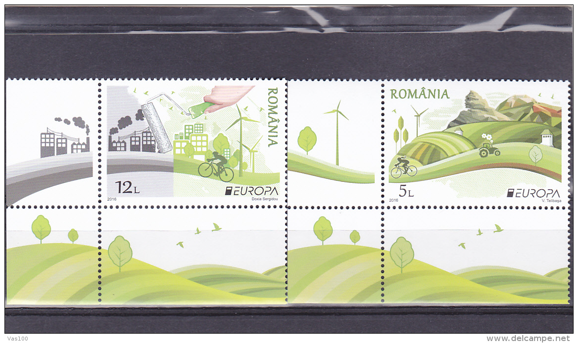 #157     ROMANIA 2016 EUROPA - BIKE, BICYCLE,TRACTOR,WIND POWER,THINK GREEN!, FULL SET + LABELS, 2016 , MNH**. - Neufs