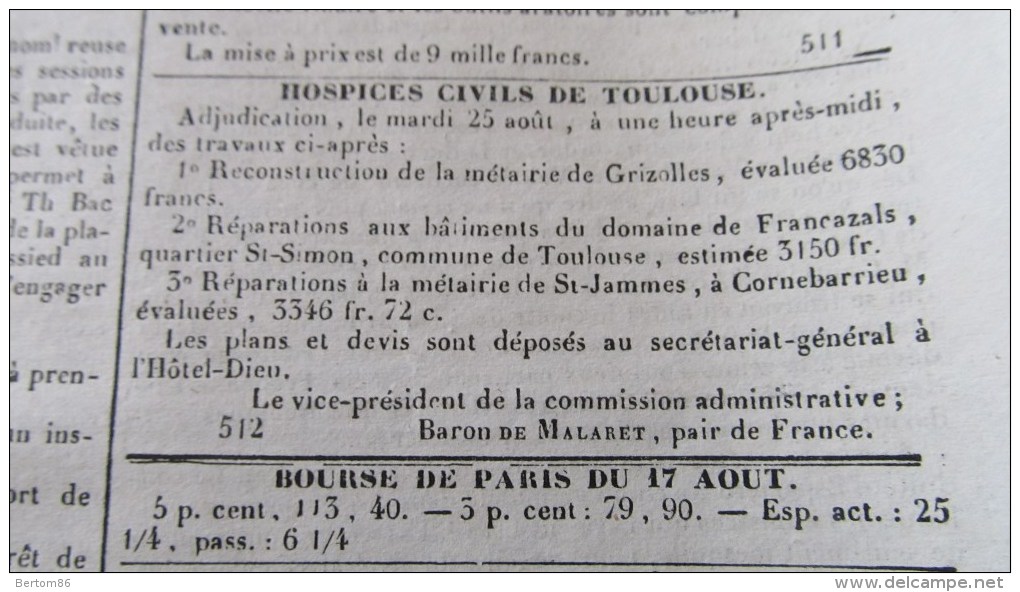 CORNEBARRIEU - REPARATIONS A LA METAIRIE DE St-JAMES - ( JOURNAL DE TOULOUSE D´AOUT 1840 .) - 1800 - 1849