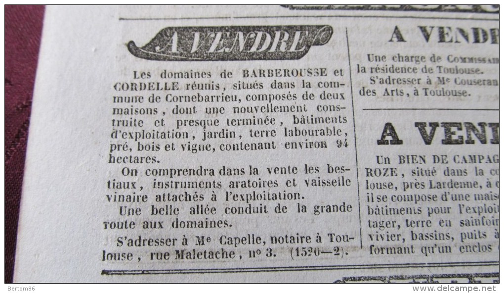 CORNEBARRIEU - ANNONCE - VENTE DES DOMAINES DE BARBEROUSSE Et CORDELLE REUNIS  - ( JOURNAL DE TOULOUSE D´OCTOBRE 1843 .) - 1800 - 1849