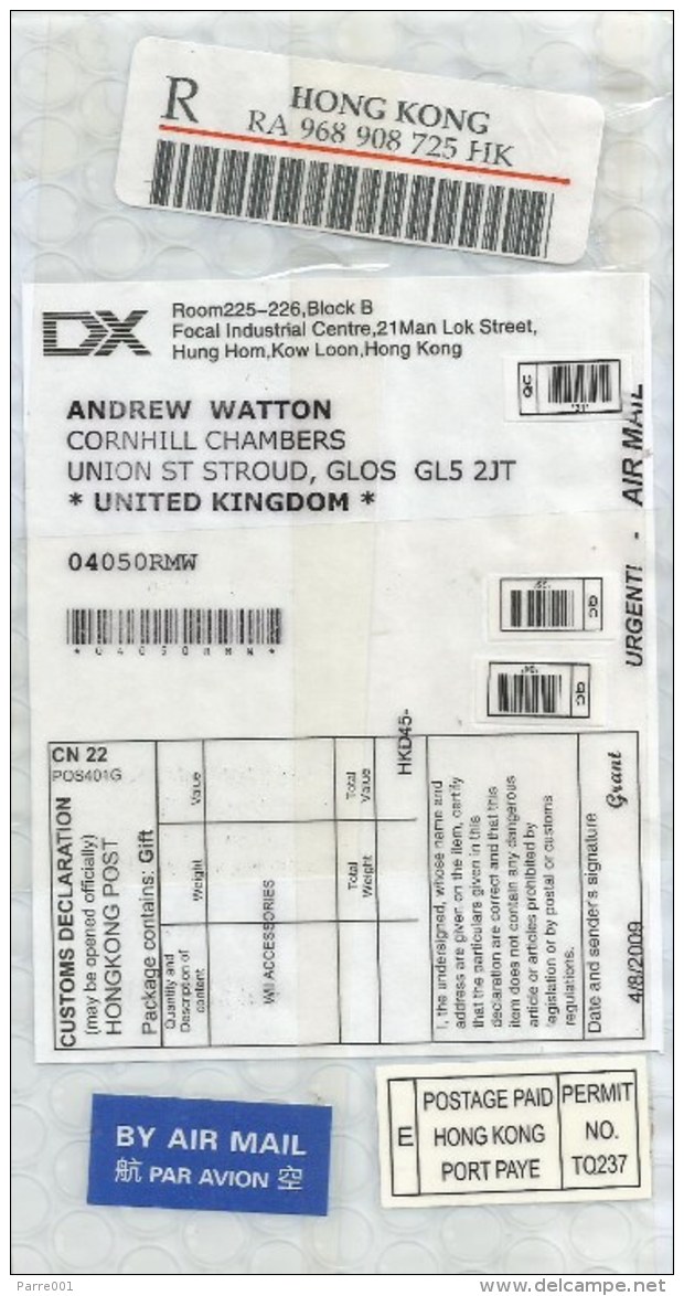 Hong Kong 2010 Hung Hom Postage Paid Permit No TO237 Barcoded Registered Parcel Fragment With Customs Declaration - Covers & Documents