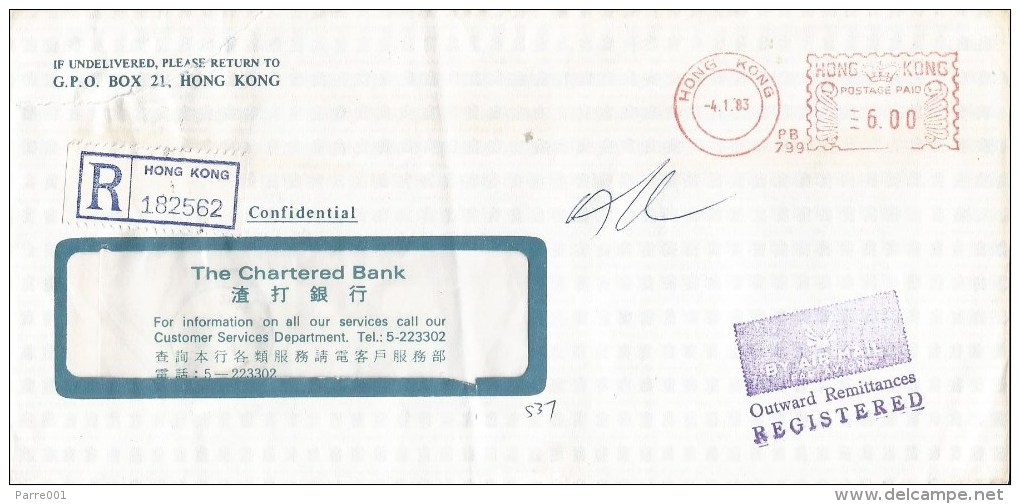 Hong Kong 1983 Chartered Bank Pitney Bowes-GB “5340” PB799 Meter Franking Registered Cover - Covers & Documents