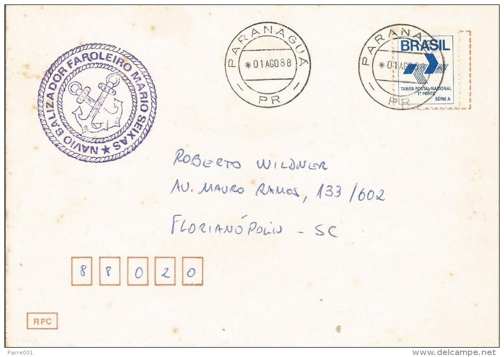 Brasil Brazil 1988 Paranagua Buoy Tender Ship NB Faroleiro Mario Seixas (H-26) Da Marinha Do Brasil Cover - Brieven En Documenten