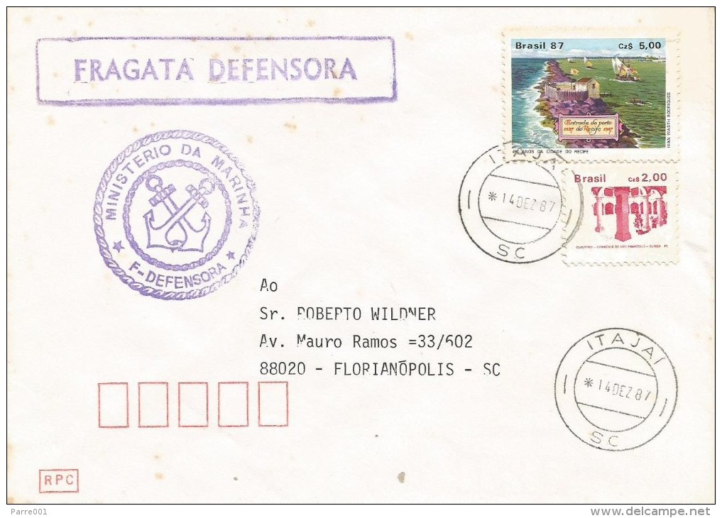 Brasil Brazil 1987 Itajai Frigate Fragata Defensora (F-41) Da Marinha Do Brasil Ship Cover - Brieven En Documenten