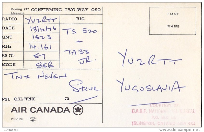 Air Canada Boeing 747 Airline Issue QSL Radio Postcard 1976 - 1946-....: Moderne