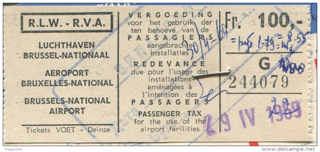 Brussels AIRPORT TAX Taxe Aéroport Fee Fiscal Revenue SWISSAIR Airline 1969 Passenger Ticket Billet D'avion WATCHES Adv. - Other & Unclassified
