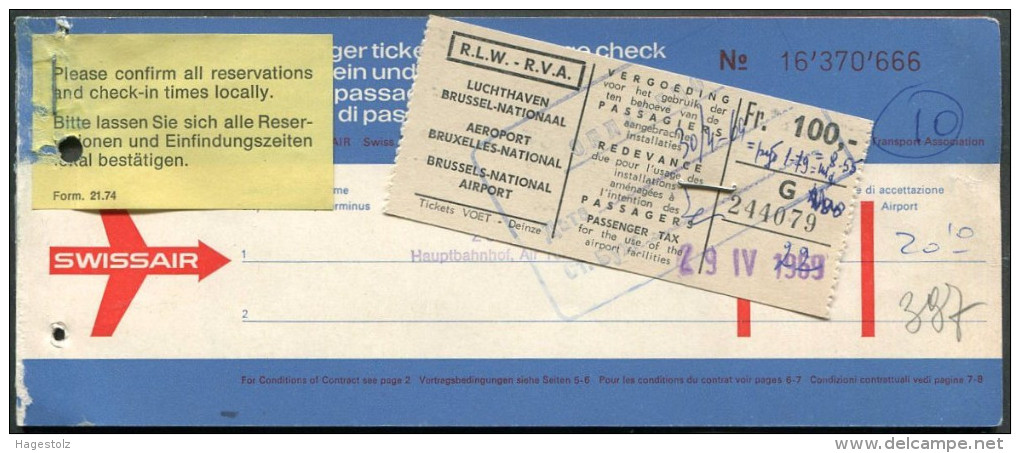 Brussels AIRPORT TAX Taxe Aéroport Fee Fiscal Revenue SWISSAIR Airline 1969 Passenger Ticket Billet D'avion WATCHES Adv. - Sonstige & Ohne Zuordnung