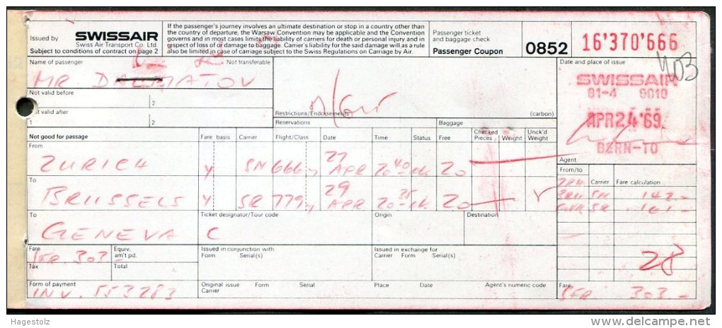 Brussels AIRPORT TAX Taxe Aéroport Fee Fiscal Revenue SWISSAIR Airline 1969 Passenger Ticket Billet D'avion WATCHES Adv. - Other & Unclassified