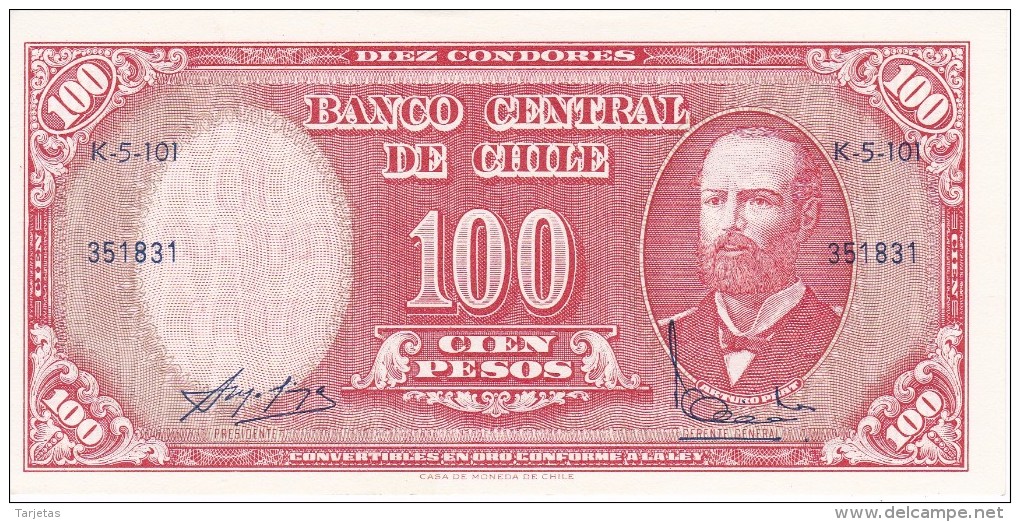 BILLETE DE CHILE DE 100 PESOS DEL AÑO 1960-61 (BANK NOTE) SIN CIRCULAR-UNCIRCULATED - Chile