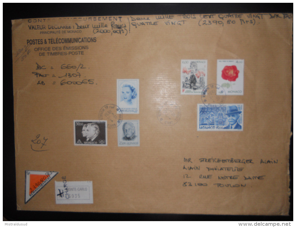 Monaco , Lettre Recommande Charge De Monte Carlo 1994 Pour Toulon - Lettres & Documents